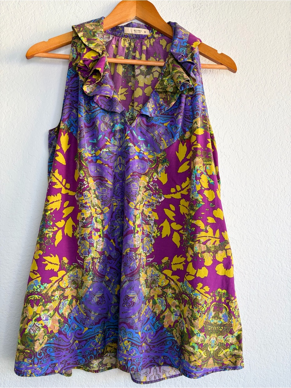 Etro Made in Italy Purple & Yellow Floral Ruffle Neck  Top, Size 46
